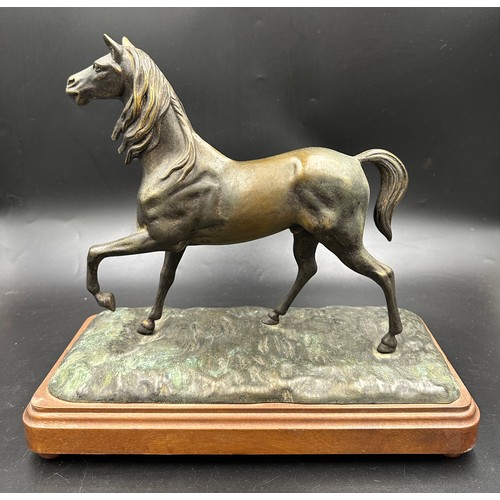 1034 - A bronze horse on a plinth 34cm h, plinth 36.5cm w x 17cm d. No markings.