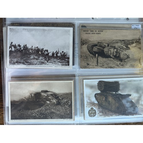 756 - A large collection of World War I & II postcards depicting soldiers, artillery tanks, camps, many bo... 