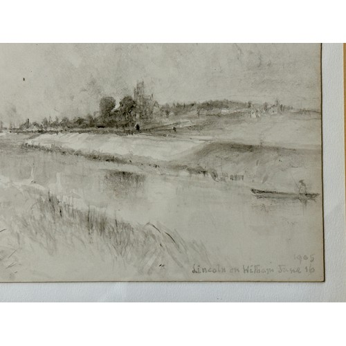 1160 - Sir James Peile KCSI (1833-1901), two grey wash landscapes 'Lincoln On the Witham' image 18 x 16.5cm... 