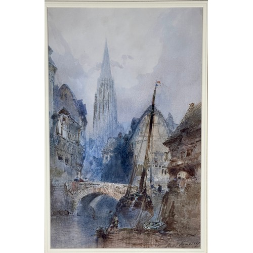 1187 - Paul Marny (1829-1914), a French townscape with river and boat to the foreground, signed watercolour... 