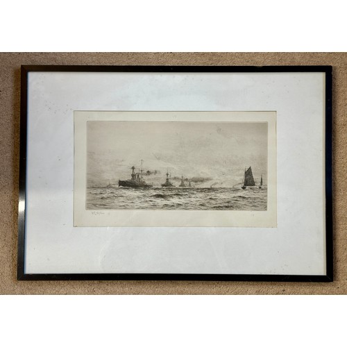 1163 - William Lionel Wyllie (1851 – 1931) Etching of a convoy of ship with airplane in background. Image s... 