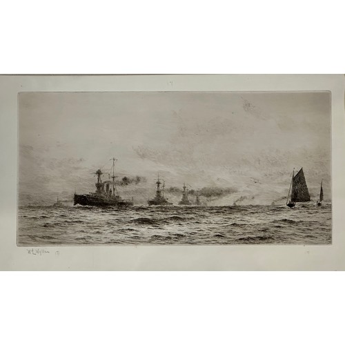 1163 - William Lionel Wyllie (1851 – 1931) Etching of a convoy of ship with airplane in background. Image s... 