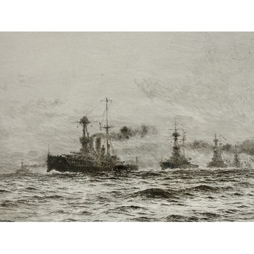 1163 - William Lionel Wyllie (1851 – 1931) Etching of a convoy of ship with airplane in background. Image s... 