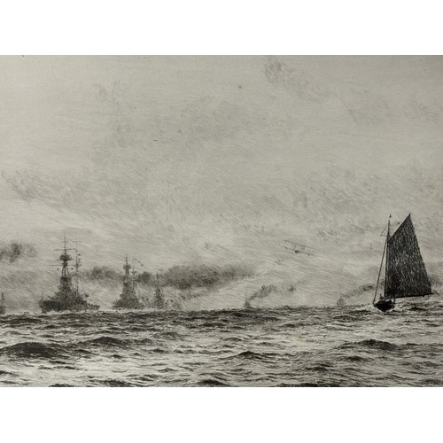 1163 - William Lionel Wyllie (1851 – 1931) Etching of a convoy of ship with airplane in background. Image s... 