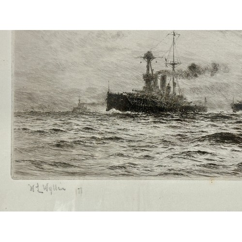 1163 - William Lionel Wyllie (1851 – 1931) Etching of a convoy of ship with airplane in background. Image s... 