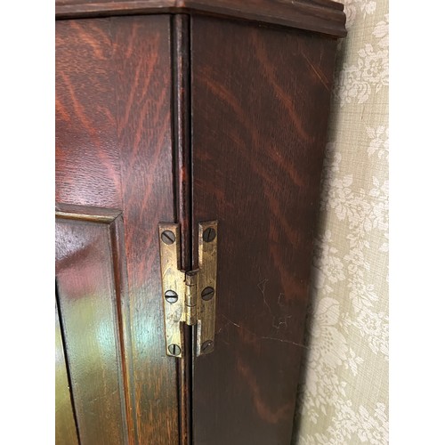 127 - A 19thC double height oak corner cupboard on bracket feet. 205cm h x 60cm w. (glasses not included)