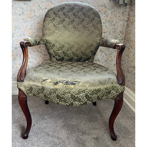 131 - A 19thC mahogany armchair with cabriole legs. 91cm h to back and 61cm across arms.