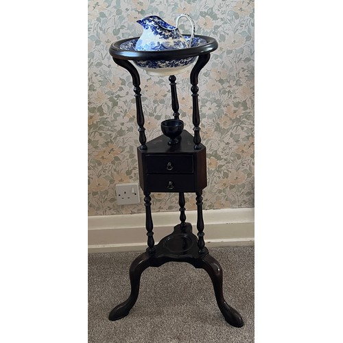 132 - Mahogany washstand with blue and white jug and bowl. 86cm h.