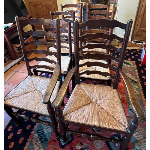 43 - Eight oak ladder back dining chairs with rush seats to include two carvers.