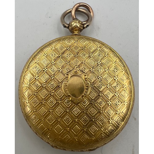 523 - An 18 carat gold pocket watch, stamped W. Wood and Sons Genève 18k. Weight 48.1 gm. 4cm d.