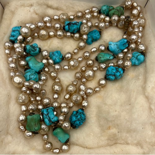 435 - A vintage baroque pearl and turquoise necklace with barrel clasp in a Liberty presentation box. 194c... 