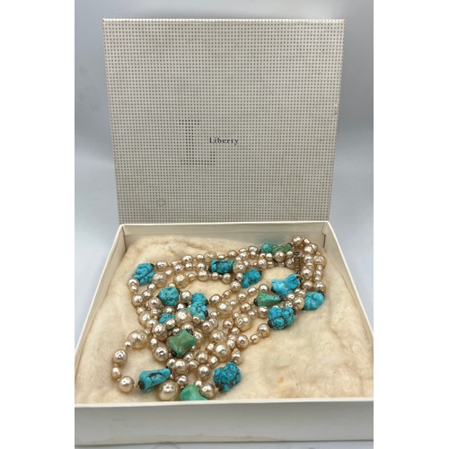 435 - A vintage baroque pearl and turquoise necklace with barrel clasp in a Liberty presentation box. 194c... 