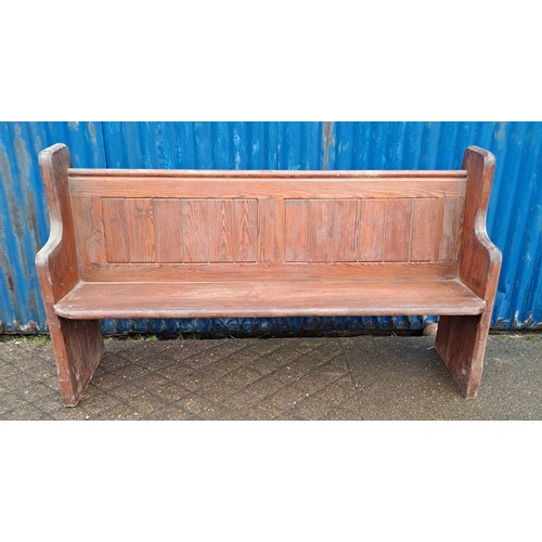 52 - Pitch pine chapel pew. 163cm l x 94cm h x 48cm d.