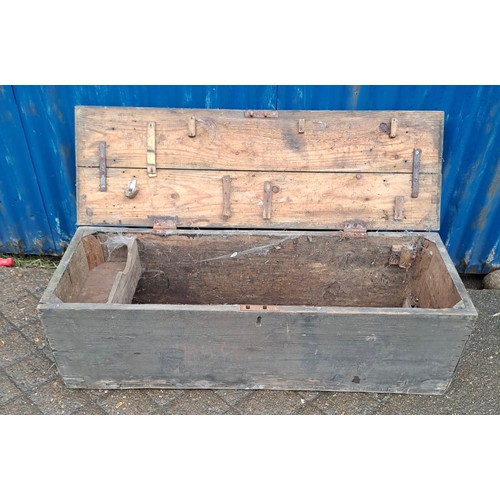 59 - Pine box with metal handles and banding. 101cm l x 33cm w x 31cm h.