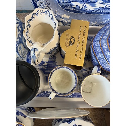 156 - A large quantity of Ringtons and other blue and white ceramics to include Masons, 19thC plate etc.