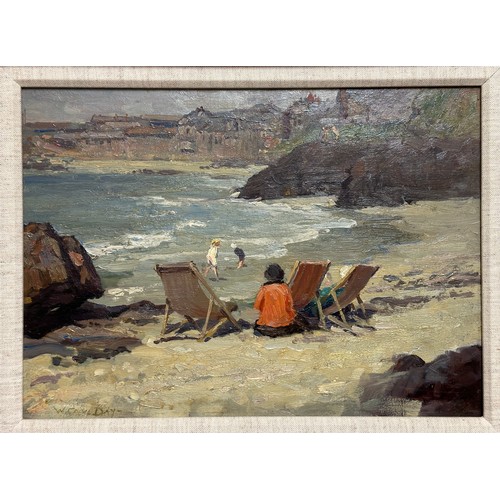 1196 - William Cave Day RBA (1862-1924) 'Beach Scene, Cornwall', oil on wood. Signed lower left. Visible im... 