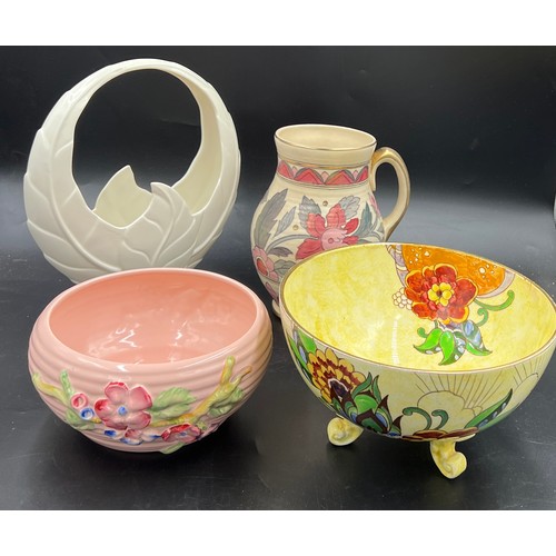 161 - Ceramics to include a tube lined Crown Ducal jug, 22cm h, Clarice Cliff bowl, unmarked yellow and fl... 