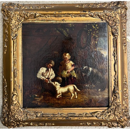 1197 - B.A. Howe, active 1844-57. Oil on canvas stable scene with children feeding a lamb with a dog lookin... 