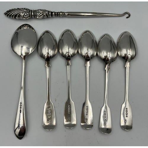 679 - Silver to include five teaspoons, London 1856, a silver handled button hook and preserve spoon, Shef... 