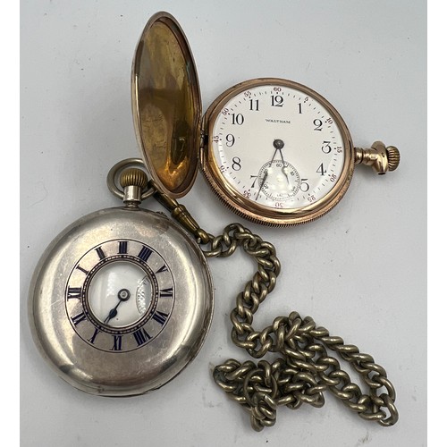 521 - Hallmarked silver pocket watch with subsidiary seconds hand, Birmingham 1902, plated chain and a Wal... 