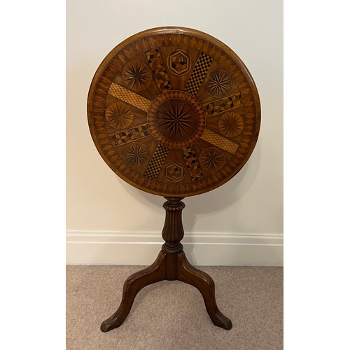 25 - A 19thC mahogany and parquetry inlaid tip top table, inscribed to underside of top “G. Chambers Port... 