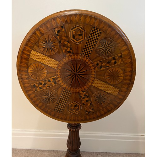 25 - A 19thC mahogany and parquetry inlaid tip top table, inscribed to underside of top “G. Chambers Port... 