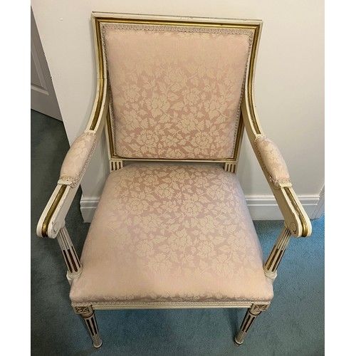 31 - A painted and gilt upholstered open armchair. 97cm h to back.