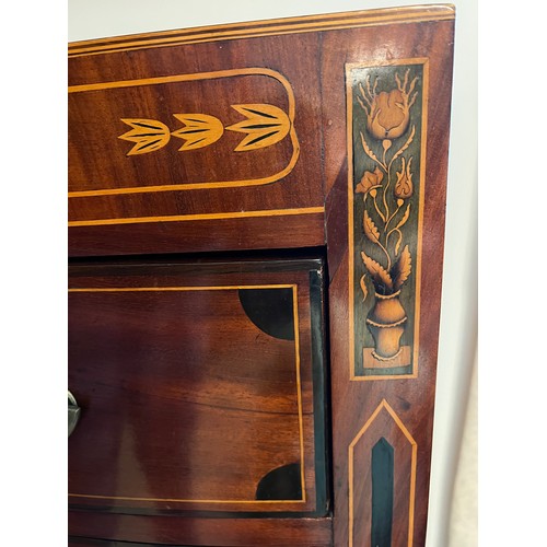 35 - A 19thC mahogany inlaid bow fronted chest of four graduating drawers on bracket feet. 113cm h x 47cm... 