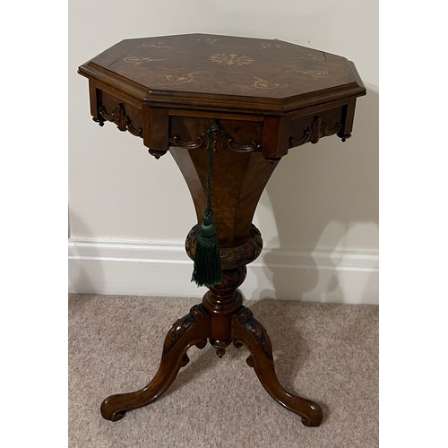 37 - A Victorian octagonal burr walnut sewing box with fitted interior. 73cm h x 48cm x 48cm.