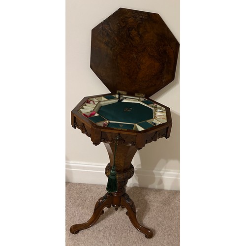 37 - A Victorian octagonal burr walnut sewing box with fitted interior. 73cm h x 48cm x 48cm.