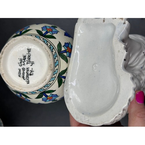 159 - A mixed collection of ceramics to include: a 19thC Staffordshire dog, blue and white plates x 2, a c... 