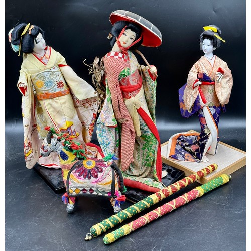 819 - Three vintage Geisha dolls on stands and an Indian Folk Art fabric horse etc.