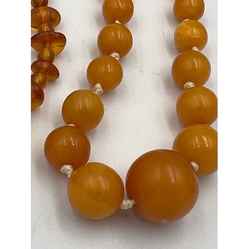 431 - Two strings of amber bead necklaces. Total weight 38.3gm. Approximate lengths 40cm and 50cm.