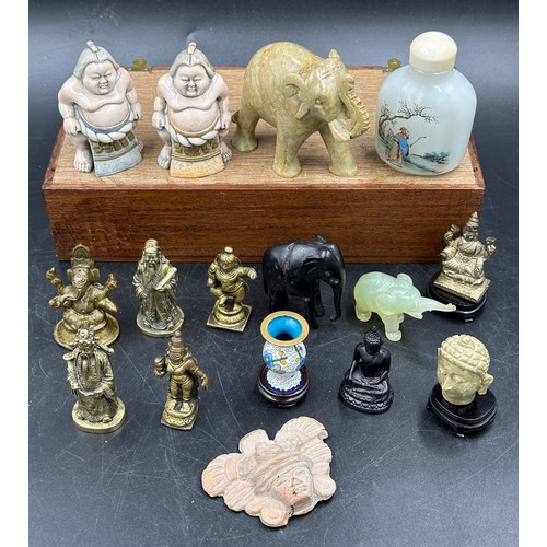 775 - Miscellaneous object d'art to include hand painted snuff bottle, onyx elephant, brass figures, terra... 