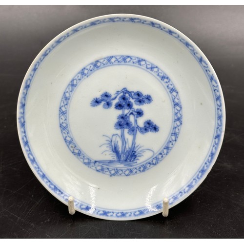 776 - Three Chinese Nanking Cargo blue and white tea bowls and saucers painted with Blue Pine pattern. All... 