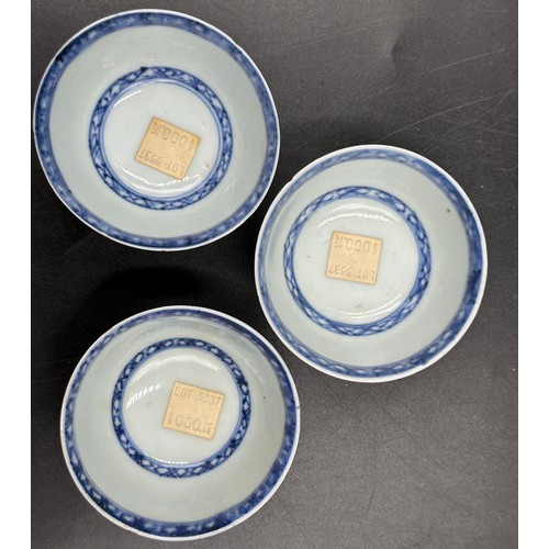 776 - Three Chinese Nanking Cargo blue and white tea bowls and saucers painted with Blue Pine pattern. All... 