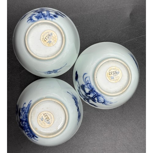 776 - Three Chinese Nanking Cargo blue and white tea bowls and saucers painted with Blue Pine pattern. All... 