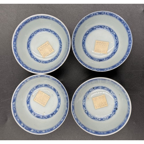 777 - Four Chinese Nanking Cargo blue and white tea bowls and saucers painted with Blue Pine pattern. All ... 