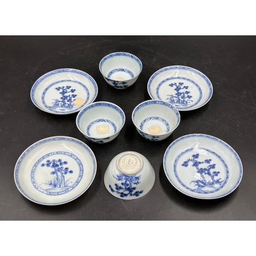 777 - Four Chinese Nanking Cargo blue and white tea bowls and saucers painted with Blue Pine pattern. All ... 