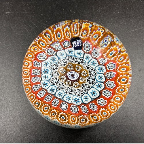 314 - Three items of vintage glass to include a millefiori glass paperweight, blue Bullicante dish and a p... 