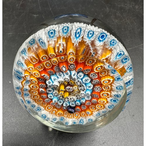 314 - Three items of vintage glass to include a millefiori glass paperweight, blue Bullicante dish and a p... 