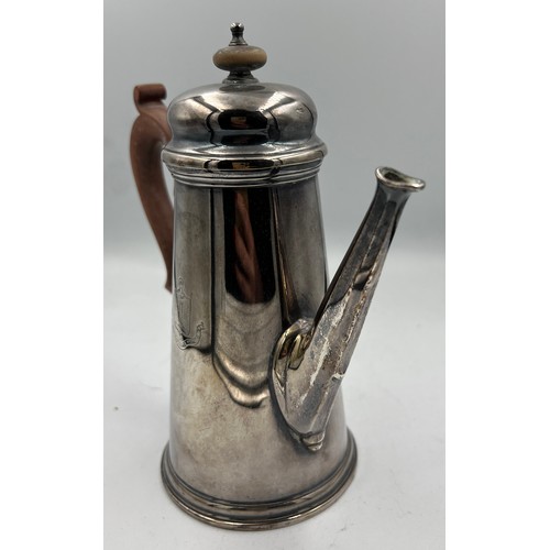 671 - Silver coffee pot with wooden handle and knop, 
19.5cm h. Birmingham 1936, maker Adie Bros. Ltd. Wei... 