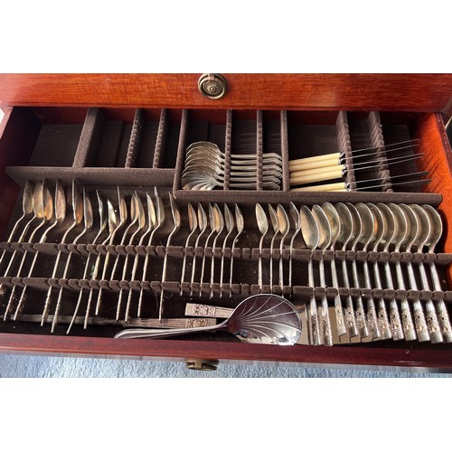 638 - A three drawer cutlery table part filled with Community plate cutlery.  66cm w x 40cm d x 68cm h.