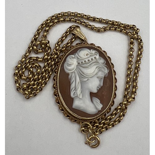 415 - A shell cameo pendant in a 9 carat gold surround suspended on a 9 carat gold chain. Chain length 41c... 