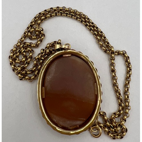 415 - A shell cameo pendant in a 9 carat gold surround suspended on a 9 carat gold chain. Chain length 41c... 