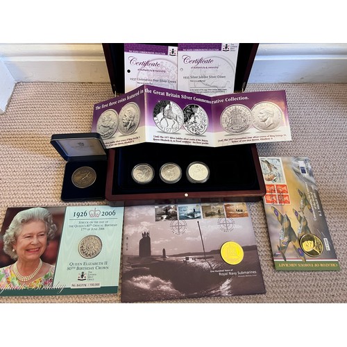 631 - Coins to include commemorative crowns, 1935, 1977 and 1837 with a 1937 and 1935 certificate, a 2006 ... 