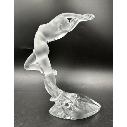 321 - A boxed 20thC Lalique sculpture, modelled as a female nude, 'Arms Up Acrobat', standing on one leg w... 