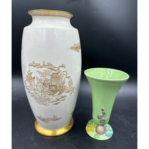 183 - Clarice Cliff Newport Pottery green trumpet-shaped vase 17.5cm h together with a Carlton Ware vase 3... 