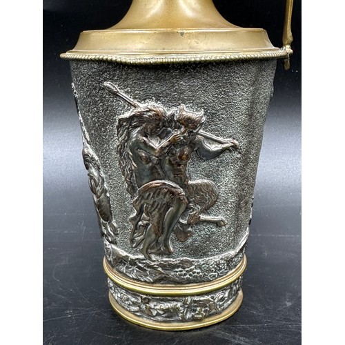 184 - A Victorian Henry Bourne ewer with Greco-Roman relief design in brass/copper/silver plate approx 26c... 