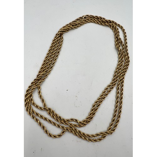 349 - A 9 carat gold rope twist chain necklace. Length 144cm, weight 29.7gm.